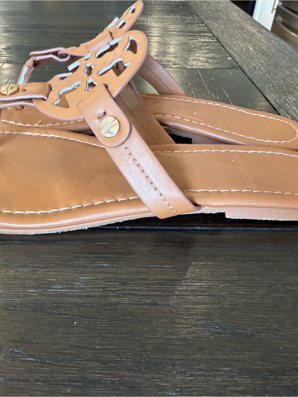 Tory Burch Brown Leather Logo Thong Sandals - Picture 3 of 4